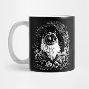 Cat in a Christmas wreath art in a linear style Mug